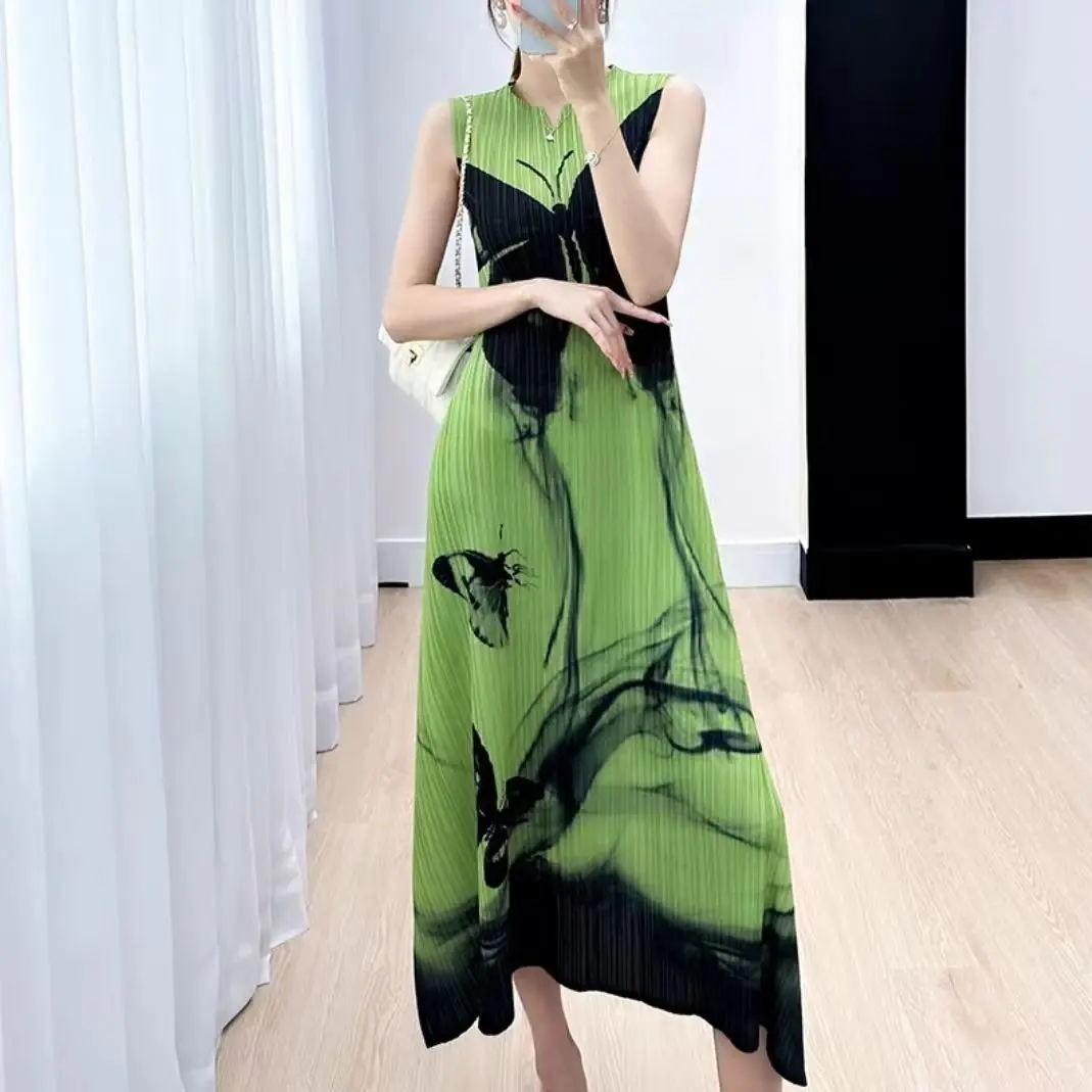 

2024 Summer High-end Pleated Butterfly Printing Round Neck Sleeveless Screw Thread Loose Elastic Force Vintage Casual Dresses