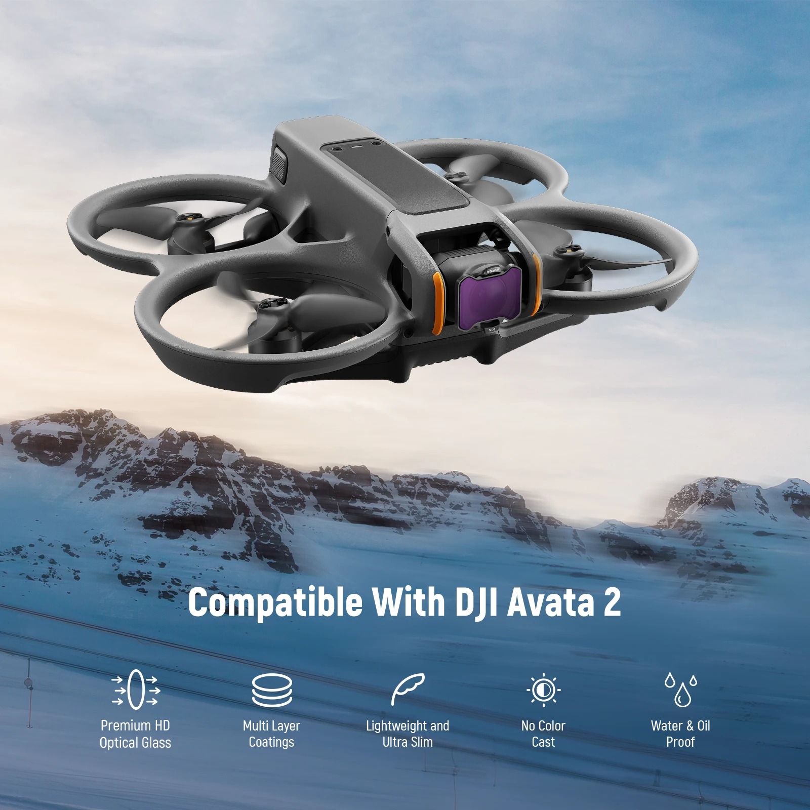 Ensemble complet des 6 filtres NEEWER compatibles DJI Avata 2, disposés en éventail sur fond blanc