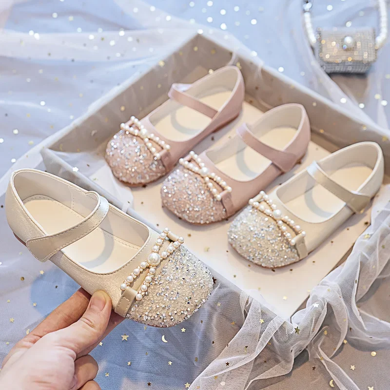 Leather Girls Party Flats Shoes with Rhinestone and Pearl