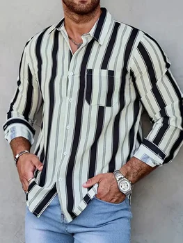 Camicia a maniche lunghe a righe da uomo alla moda con bottoni casual Camicia a maniche lunghe occidentale da cowboy vintage primavera autunno 1
