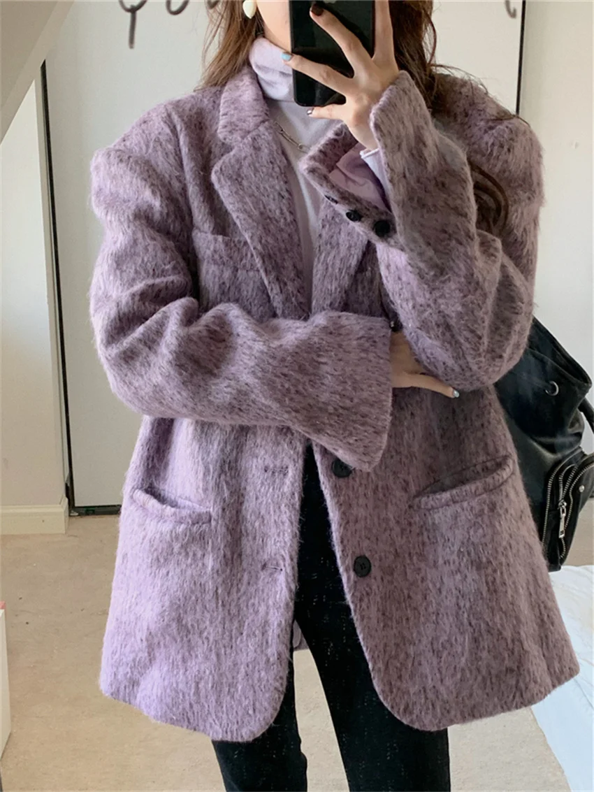 Arazooyi Purple Women Slim-Fit Blazers Winter Woolen Chic Mujer Office Lady High Street Elegant OL Warm New All Match Coats arazooyi women streetwear blazers new ol 2022 autumn office lady slim detachable bow chic elegant all match full sleeve coats