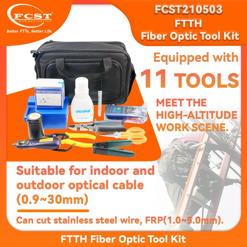 

FCST FTTH Fiber Optic Tool Kit 11Tools with OPM VFL Fiber Cleaver Knife Fiber Stripper Tool