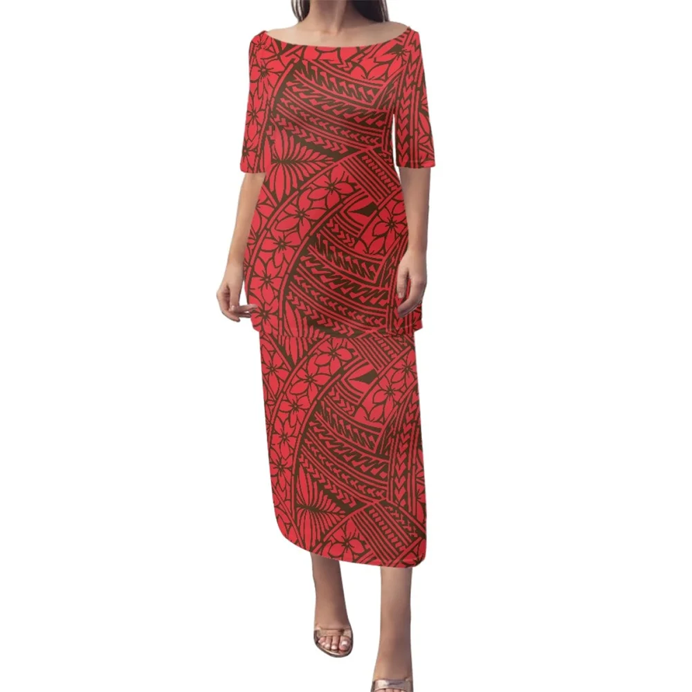 

New in Casual Polynesian Tribal Clothing Pattern Samoan Puletasi Custom Fiji Masi Print Dresses Island Short Sleeve 2 Piece Sets