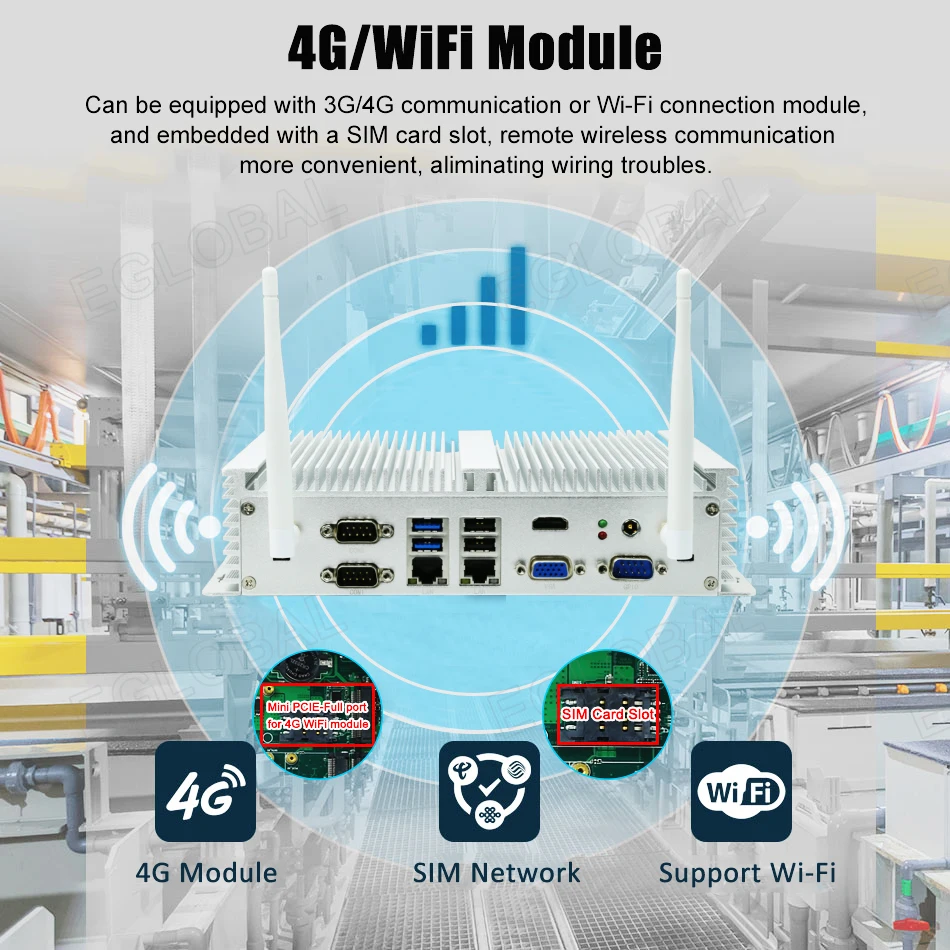 Eglobal Industrial Fanless Mini PC with I5 6300U, I7 10510U, Windows 7/8/10, VPN Router, VGA, HDMI, 4G, WiFi, BT Description Image.