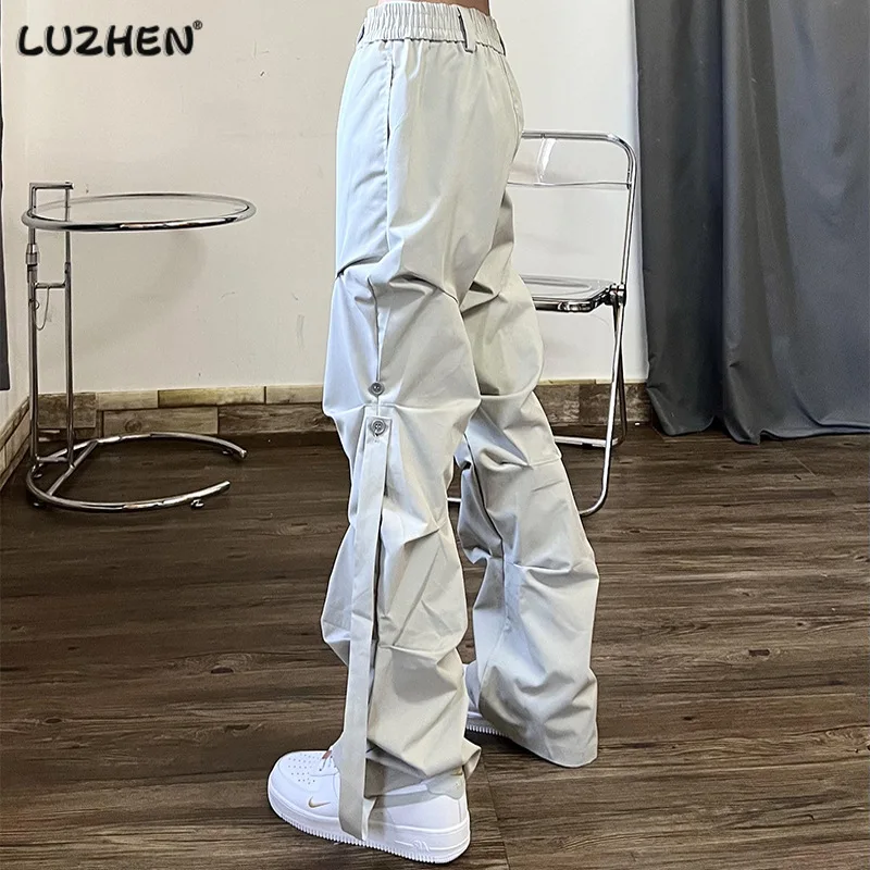

LUZHEN High Street Pleated Overalls Men's Pants Fashion Loose Straight Button Casual Male Trousers Solid Color Darkwear 29827e