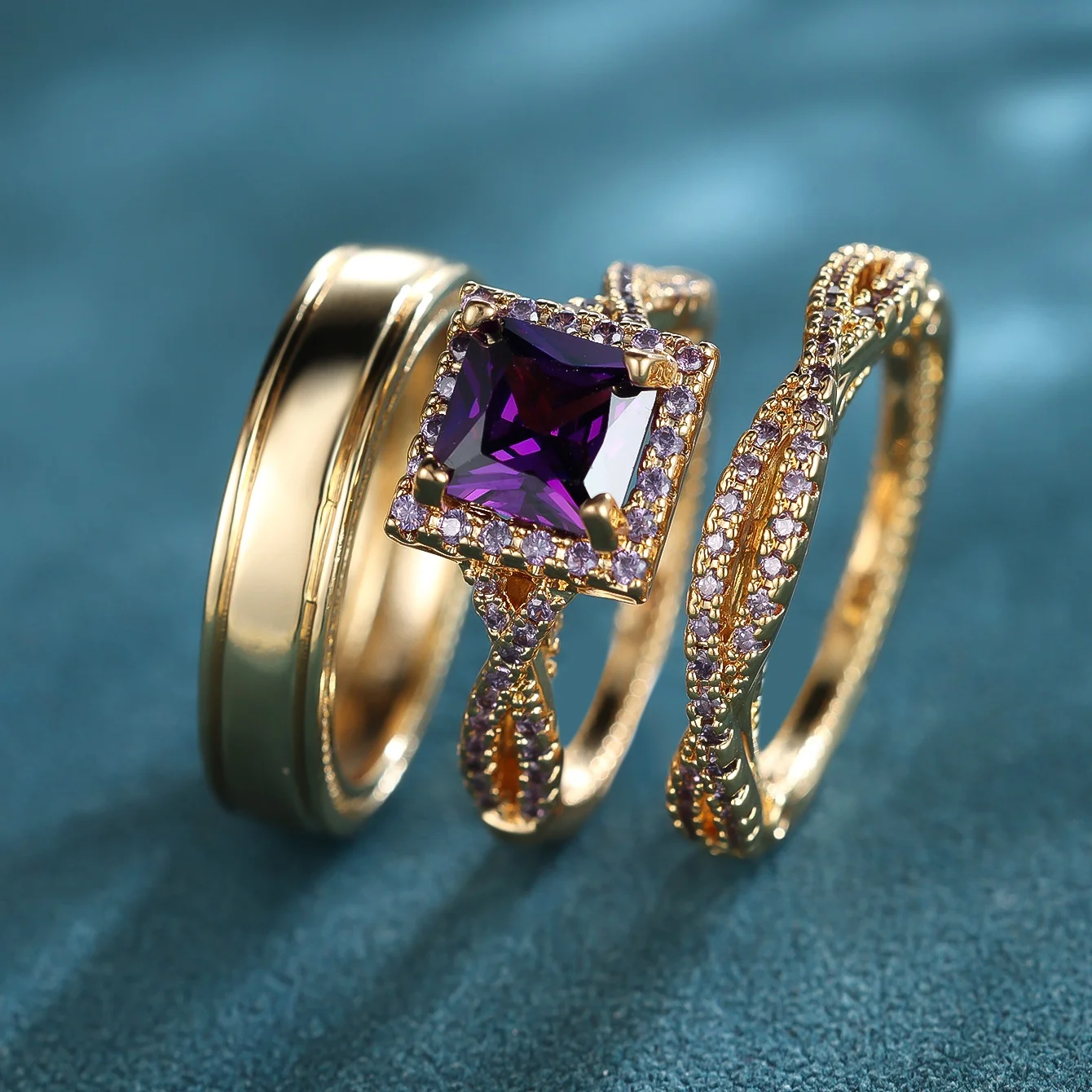 Crystal Female Purple Zircon Ring Set Fashion Vintage Gold Color Bridal Wedding Engagement Jewelry For Women