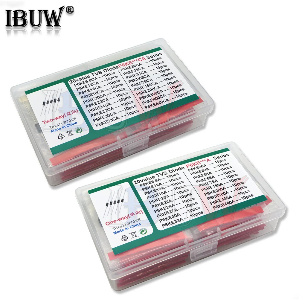 20Values*10Pcs=200Pcs Tvs Transistor Kit P6Ke6.8A/Ca 12/15/18/20/22/24/27/30/33/36/39/51/68/75/150/200/300/400/440/A/Ca Diode