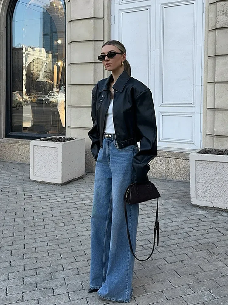 Casual Black Leather Full Sleeve Short Jacket Fashion Zipper Laple Double Pockets Coats New Female Spring Commute Outwear 2025 3