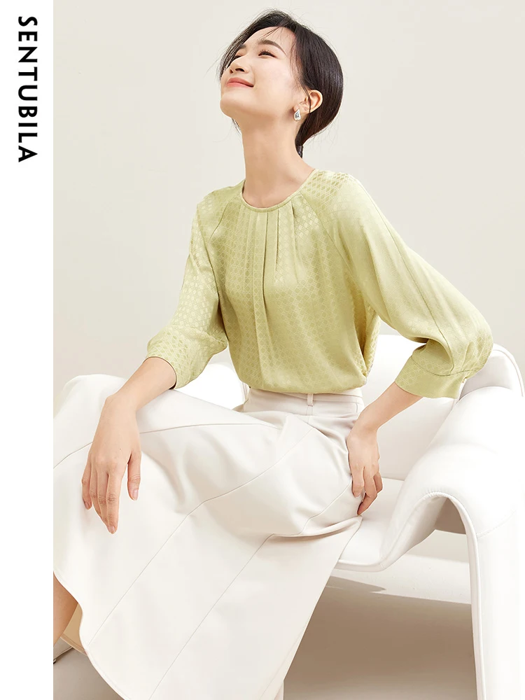 

SENTUBILA Glossy Jacquard Chiffon Shirts Blouses for Women 2023 Autumn Relaxed Fit Three Quarter Sleeve Fashion Elegant Tops