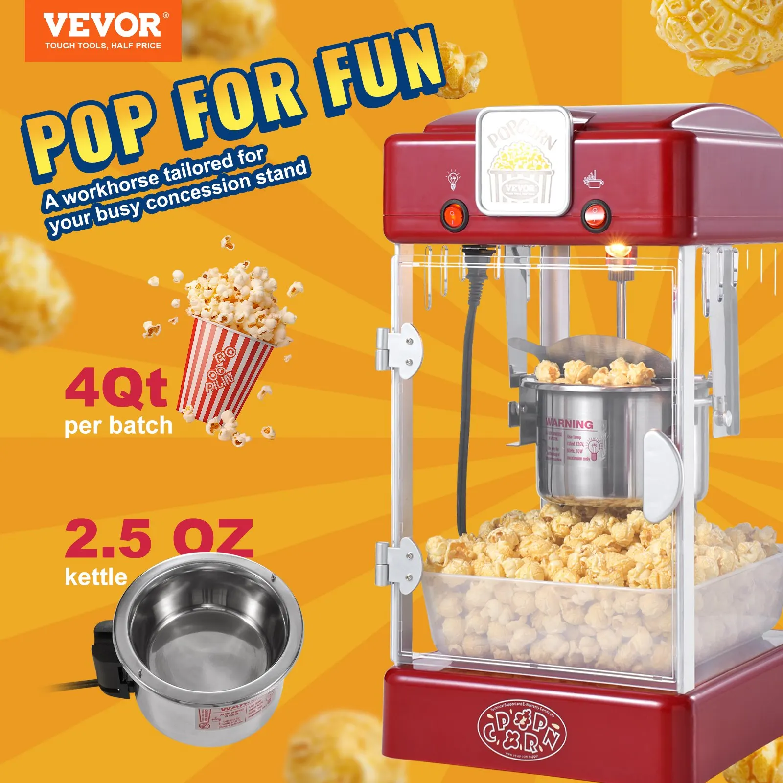 VEVOR Popcorn Popper Machine Tabletop Popcorn Maker 300W 2.5 Oz Red 2