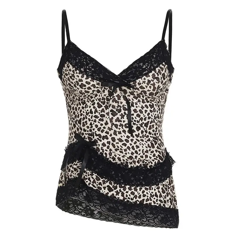 Street Sle  Knot Lace Splice Leopard Print Crop Top Design Sense Hemline Vest WEEKEEP Trendy Women's Faion