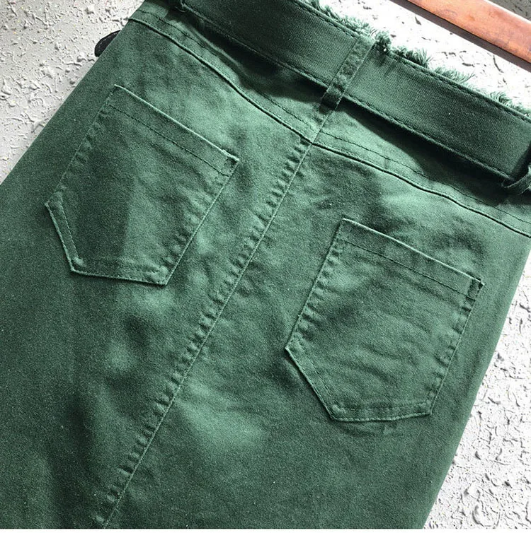 2022 Spring Summer Casual Women Lady Red Black Green High Waisted Tassel Stretch Pencil Denim Skirt Womens Elastic Jeans Skirts black pencil skirt