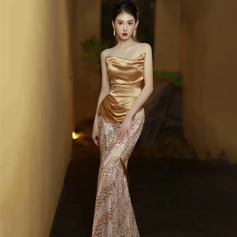 

Women Sparkle Gold Sequins Long Mermaid Evening Dresses Women Tube Top Prom Gowns Party Dress