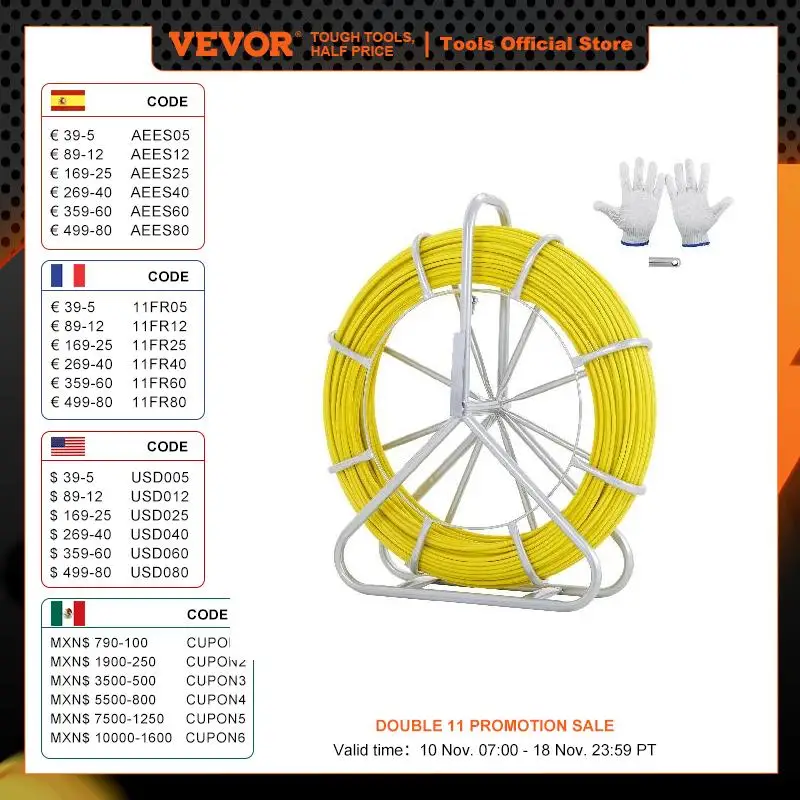 VEVOR Fish Tape Fiberglass 425/492/600/656 ft Duct Rodder Fishtape Wire Puller Fishing Tools for Walls and Electrical Conduit