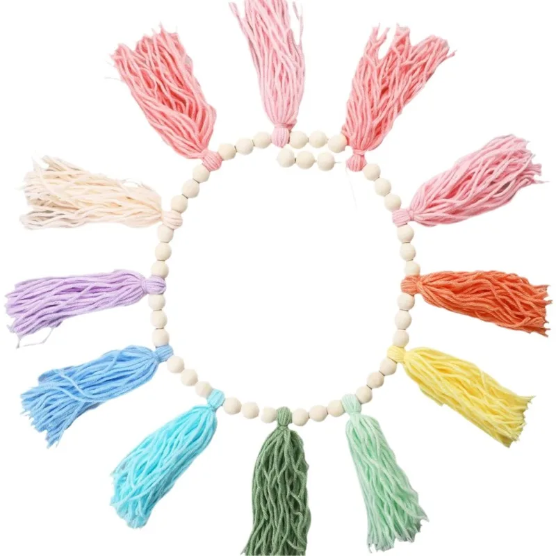 Natural Wood Beads Cotton Yarn Tassel Wall Hanging Handmade Pastel Rainbow Macrame Wall Decor Nursery Bedroom Living Room