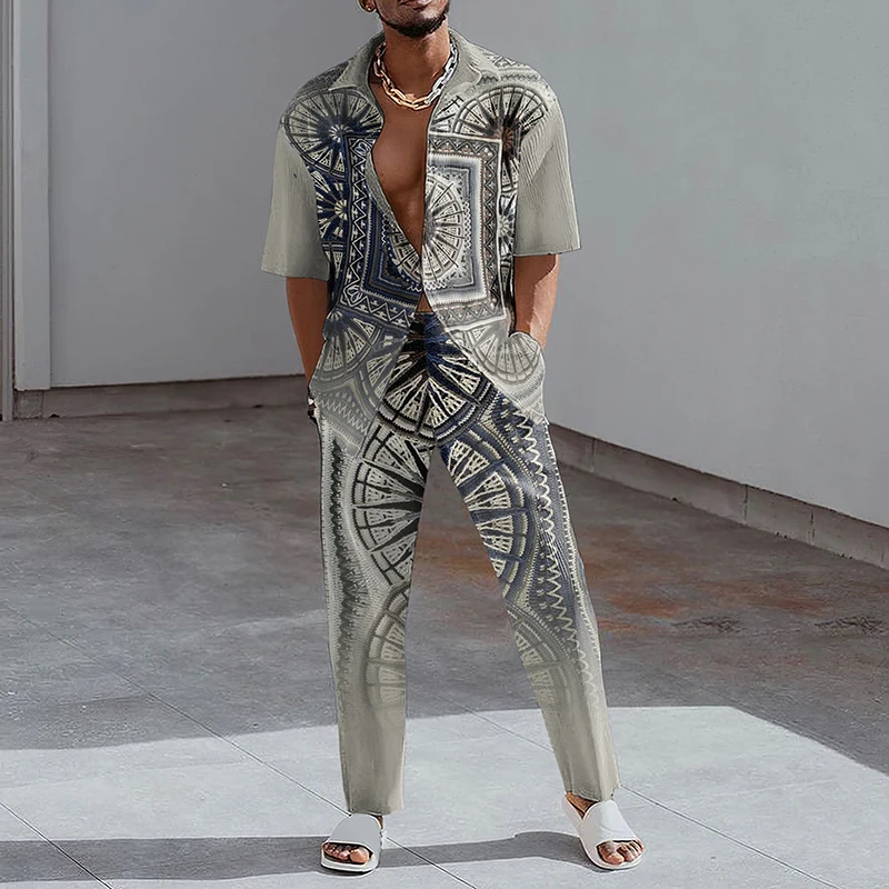 남성용 2023 패션 프린트 투피스 세트, 라펠 버튼 반팔 셔츠 및 스트레이트 팬츠 수트, 여름 캐주얼 의류