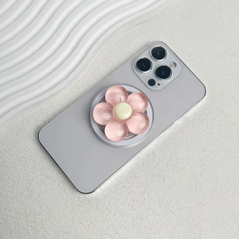 Magnetic Floral Retractable Phone Grip and Foldable Stand in Transparent Candy-Colored Resin