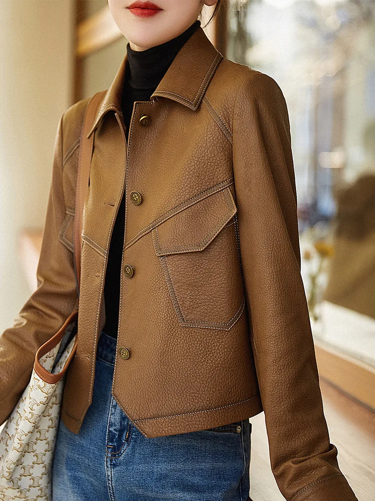 Women's Lapel Leather Coat, Short Genuine Leather Jacket, Sheep Skin Outerwear, Spring and Autumn
