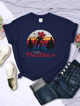 Visit Hawkins Vintage Distressed T Shirt Women Summer Casual Tshirt Fashion Street Crop Top Hip Hop Personality Tshirt Womens 1