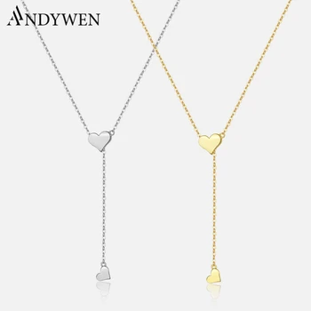 ANDYWEN 여성용 조절 가능한 체인 하트 펜던트 참 목걸이 드롭 초커, 크기 조정 가능한 럭셔리 주얼리, 925 스털링 실버 골드