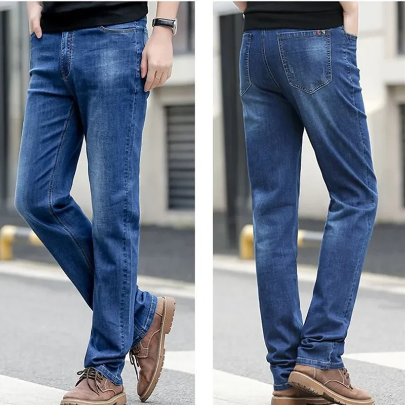 Extra Long Summer Jeans 117CM Tall Mens Thin Stretched Plus Size 40 42 44 Oversized Slim Fit High Waist Blue  Denim Trousers
