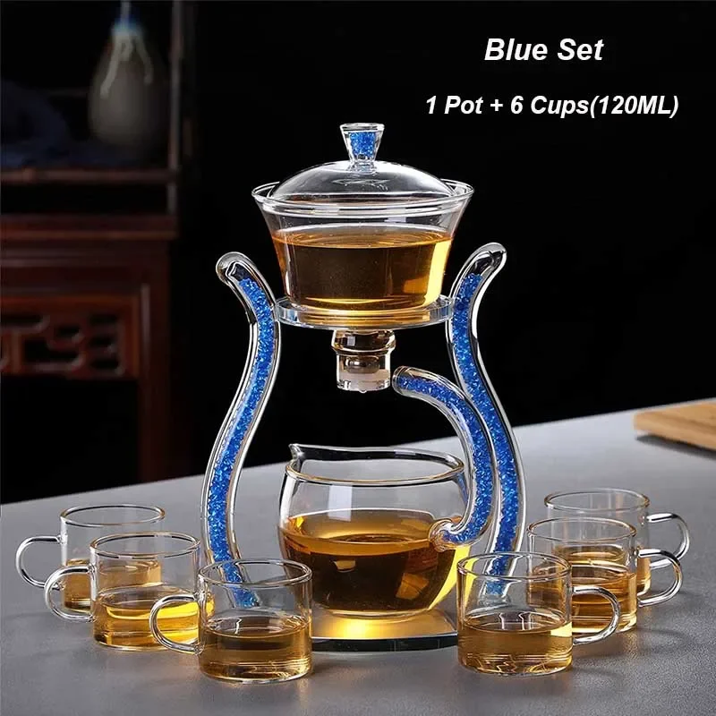 Glass Automatic Lazy Tea Set Crystal Glass Teapot Set Heater Magnetic Rotating Cover Kung Fu Heat-Resistant Teapot 6 Cups
