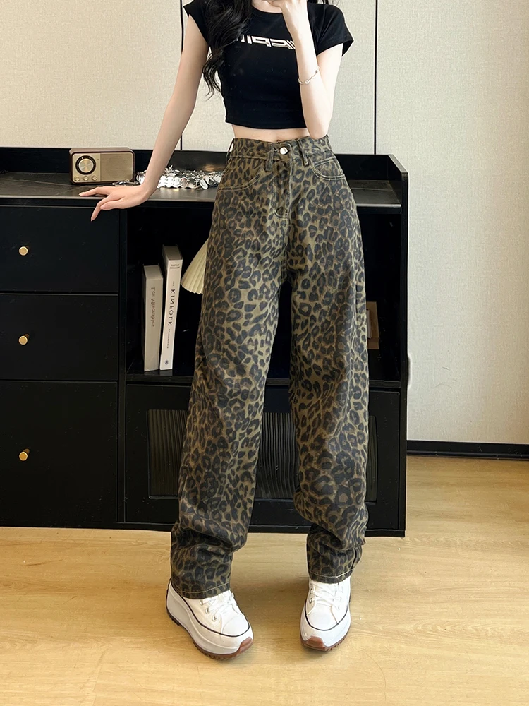 여성용 레오파드 무늬 하이 웨이스트 빈티지 와이드 레그 데님 바지, 헐렁한 청바지, 새로운 스트리트웨어 패션, 레트로 캐주얼 Y2k 바지, 2024