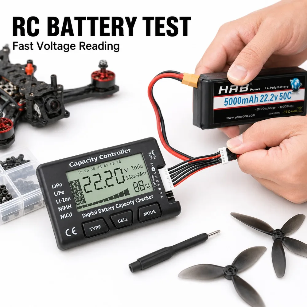 Tester Digitale di Capacità della Batteria, Misuratore di Tensione RC per Pacchi Ricaricabili LiPo, LiFe, Li-Ion, NiMH, NiCd