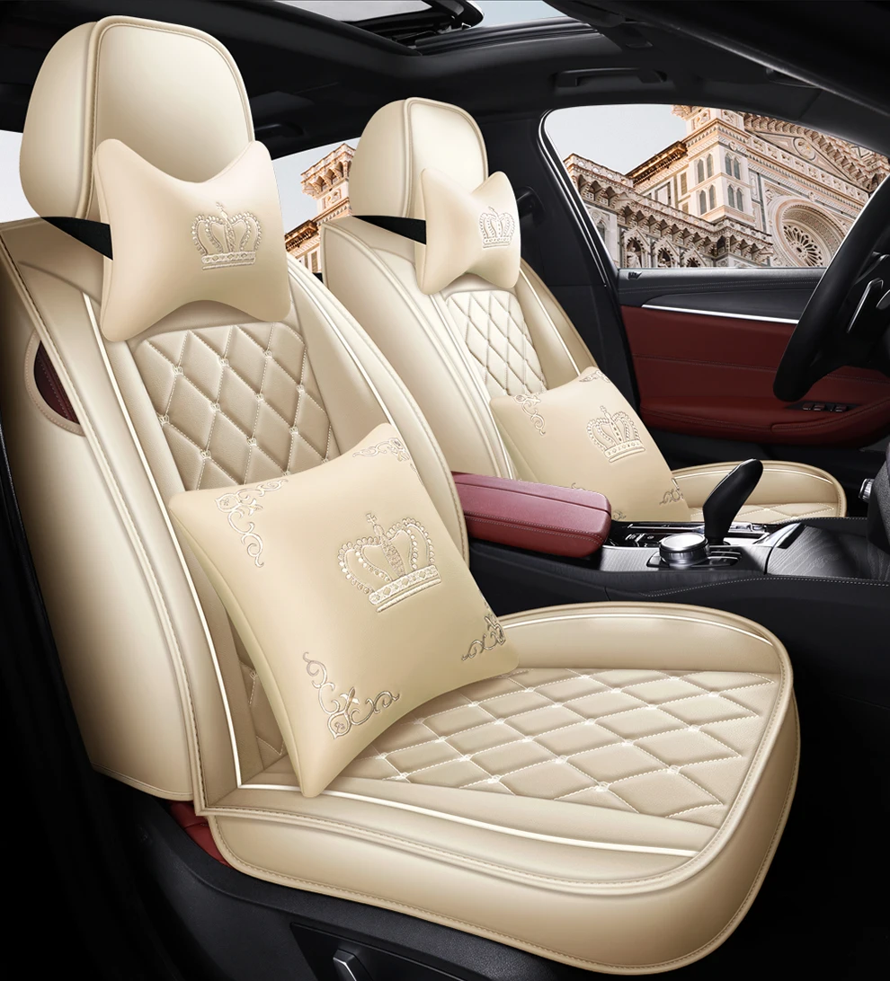 Deluxe-PU-Leder-Kronenstickerei, 5-Sitzer-Vollautositzbezug + 4 Stück passendes Kissen, schützt den Autositz, bequem – Detail 23