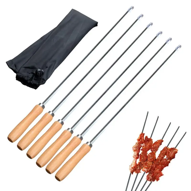 

Stainless Steel Skewers Flat Kebab Skewers Stainless Steel Barbecue Skewers With Wooden Handle Sticks Reusable 6 Pcs BBQ Tools