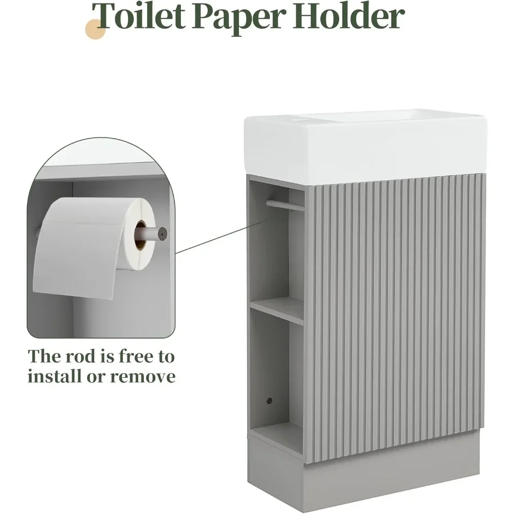 Small Bathroom Vanity with Sink, Freestanding Bathroom Vanity with Toilet Paper Holder & 1 Door, Wood Bathroom Cabinet 2
