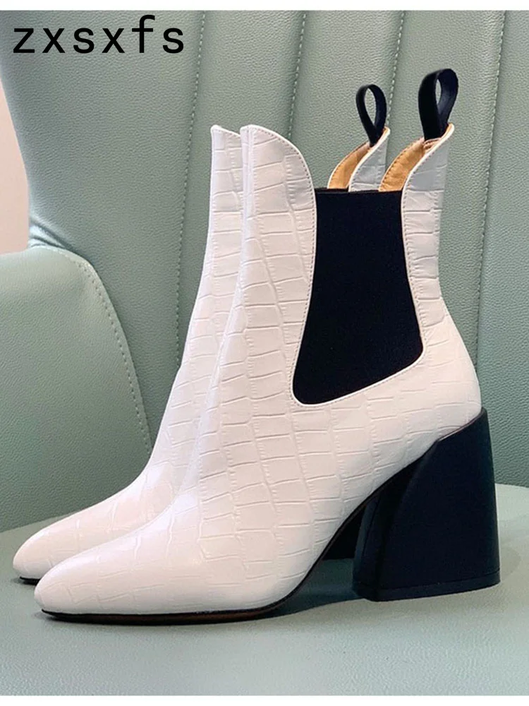 

Block Chunky Heel Ankle Boots For Women Real Leather Point Toe High Heel Dress Shoes Designer Brand Short Chelsea Boots Women