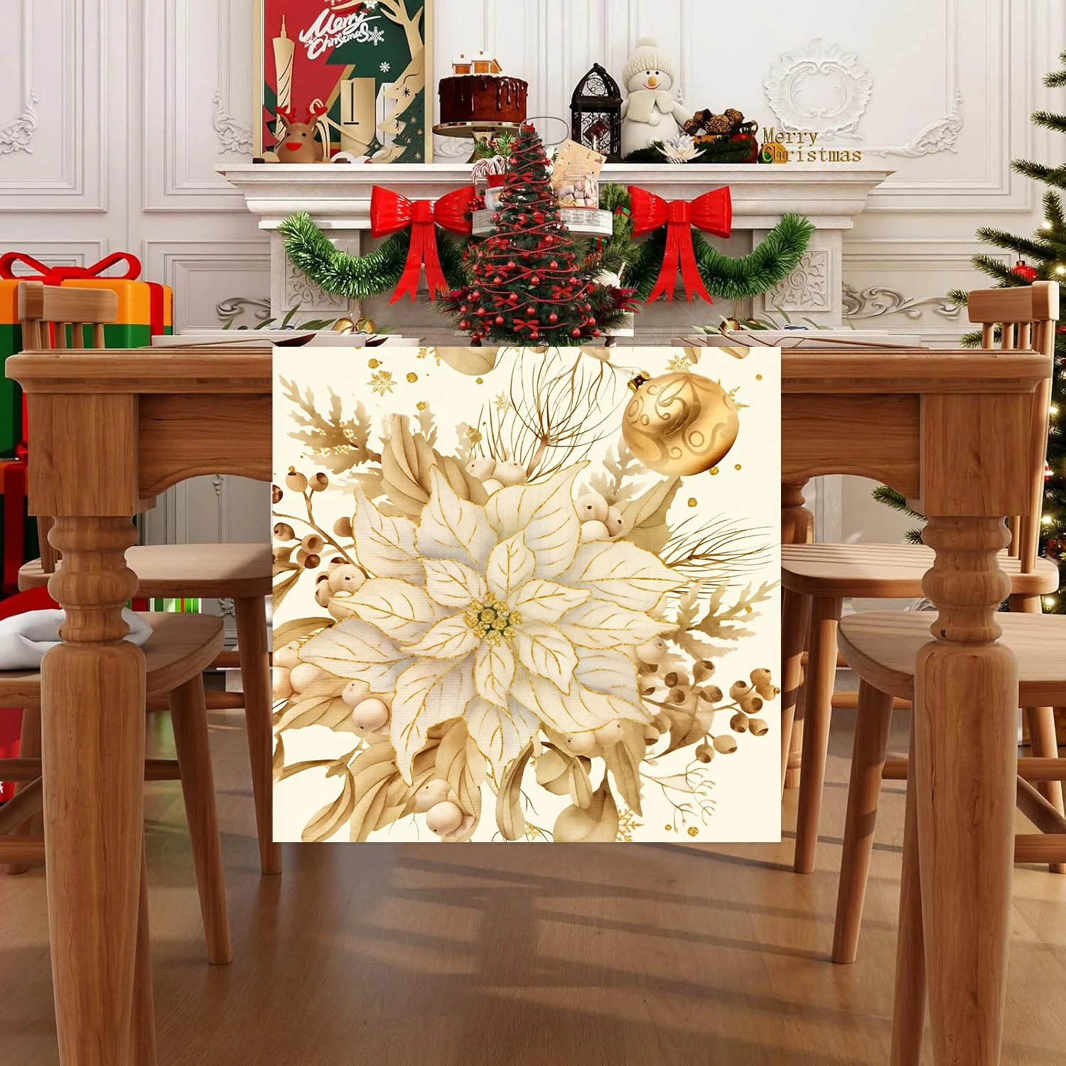 Weihnachtlicher Tischläufer aus Polyester/Leinen in Gold – ideal für Weihnachtsfeiern, Partys, Schneemann-, Elch- und Blumendekoration, winterliche Tischdekoration, Geschenkidee_voghion.com
