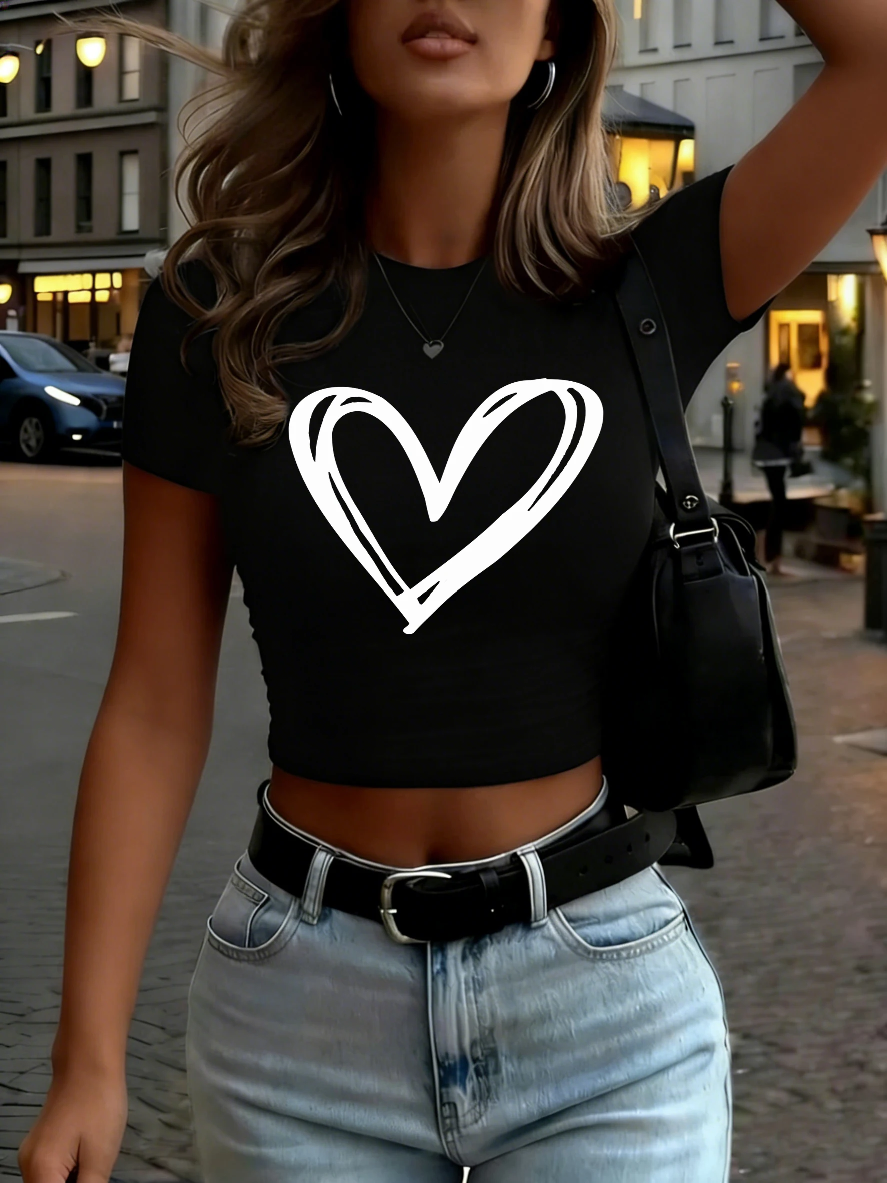 Einfaches, ausgehöhltes Herz-Design, bauchfreies T-Shirt für Damen, Rundhalsausschnitt, Sommer-T-Shirts, Y2K, weiche, enge Kleidung, bequeme Freizeit-Tops – Detail 8