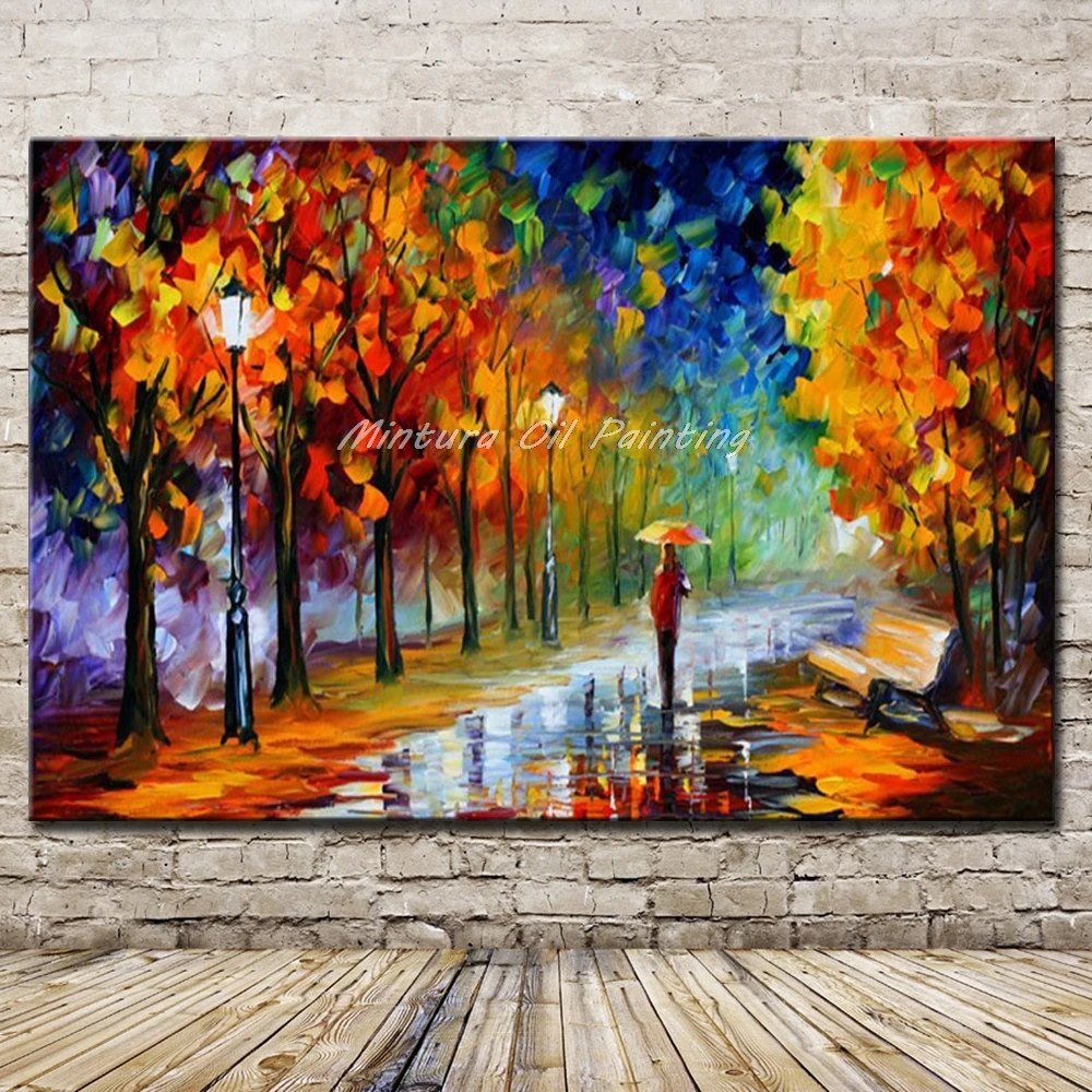 

Mintura,Handpainted Lovers Rain Street Landscape Oil Painting on Canvas,Palette Knie Wall Picture for,Home Decoration Wall Decor