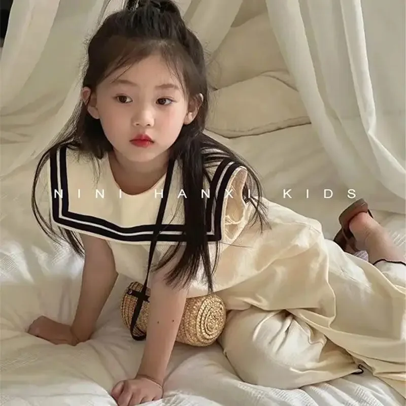 Girls Casual Summer Korean Style Children's Stylish Navy Collar Sleeveless Top Bell Bottoms 2-piece Set 2