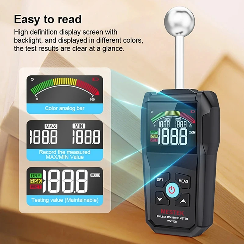 Wood Moisture Meter Digital Wood Moisture Meter Hygrometer Non-contact Timber Damp Detector Alarm Non-destructive Humidity Tester