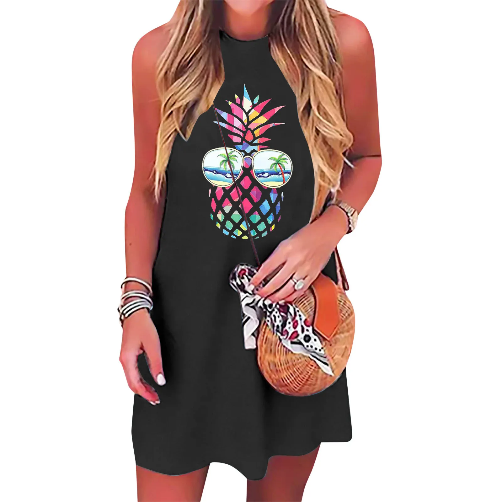 

Женское летнее платье на бретелях, короткое платье без рукавов с забавным принтом и круглым вырезом, Пляжное праздничное Повседневное платье, новинка