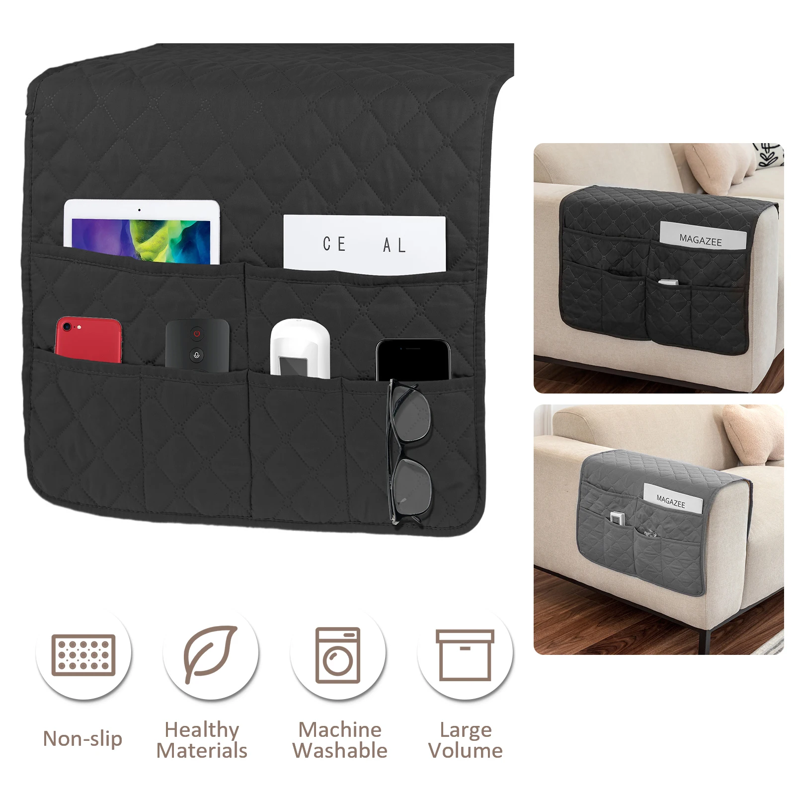 Sofa Armrest Storage Bag with 6 Pockets Waterproof Remote Organizer  Reusable Sofa Storage Caddy Washable Armchair Organizer