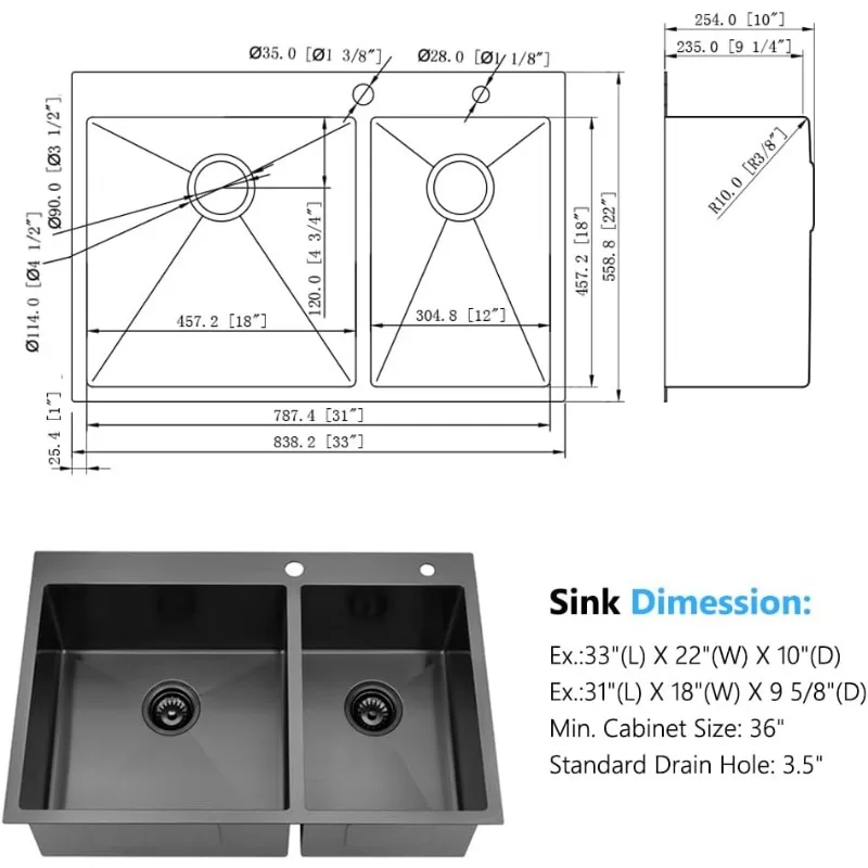 33x22 Black Drop In Double Bowl 60/40 Kitchen Sink, 33 Inch 16Gauge Black Drop In 60/40 Double Bowl Kitchen Sinks 5