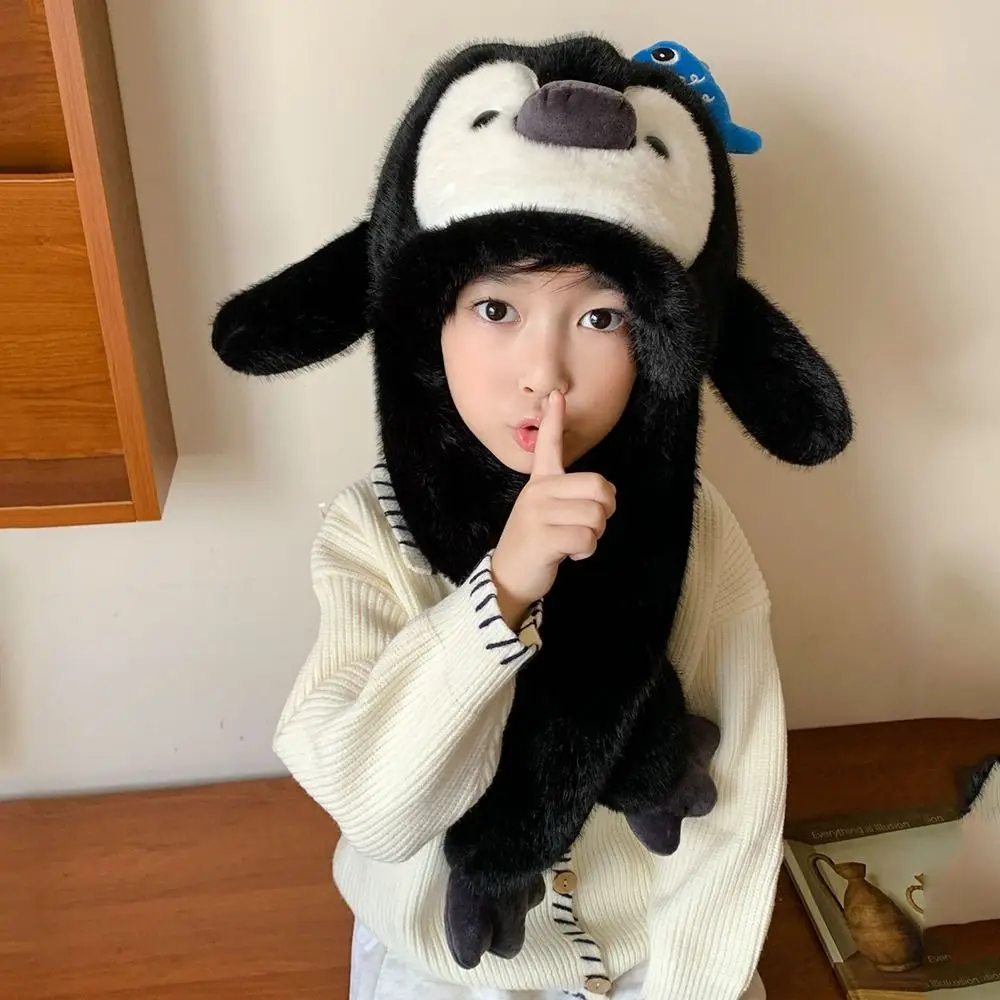 Fluffy Ear Protection Cap Solid Color Fleece Lined Penguin Ear Moving Hat Windproof Thermal Cartoon Penguin Hat Cold Weather