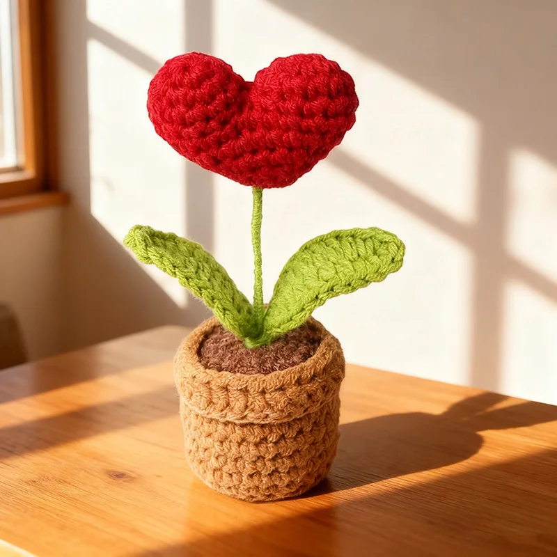 Handmade Knitted Flower Pot Red Heart Shaped Fake Potted Plant Christmas Valentine's Day Mothers Day Gift Home Table Decoration