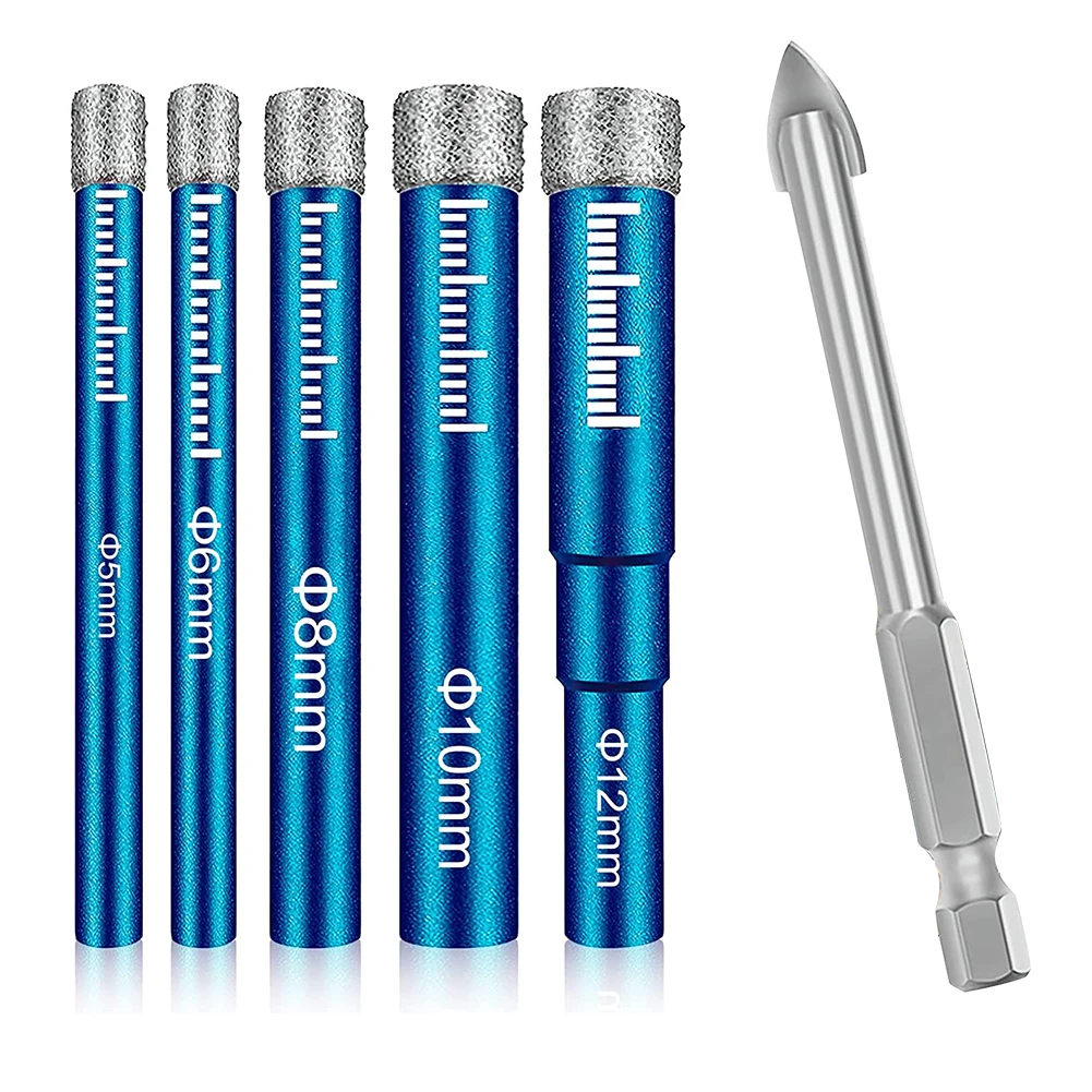 

6pcs Tile Drill Glass Diamond Drill Tile Drill Set With Dia. 6mm Carbide Drill 5mm/6mm/8mm/10mm/12mm Brazing Hole Opener