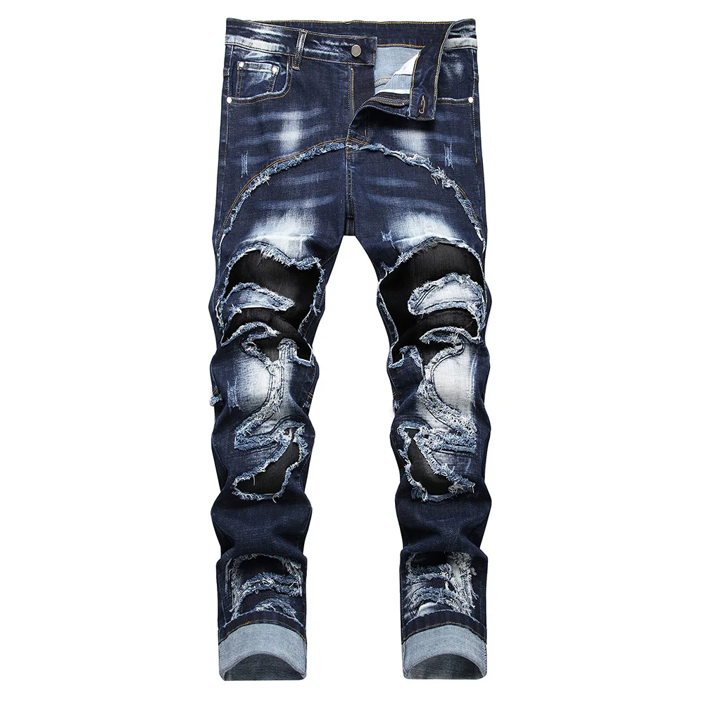 

Men Patchwork Denim Jeans Holes Ripped Distressed Dark Blue Stretch Pants Casual Fringe Slim Straight Trousers