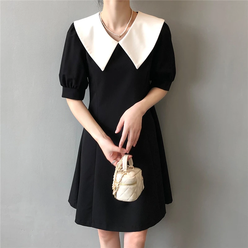 

Retro Doll Collar Dress Women 2022 Summer New Slim Puff Sleeve Waist Splicing Mid Hepburn Skirt High Quality Female Dress Trend