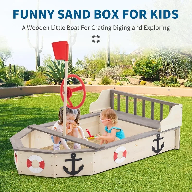 Large Wooden Sand Box Red Flag Rudder Lifebuoy Decoration Anchor Sign Bench Seats Storage Sand Pit for Beach Outdoor Light Wood 2