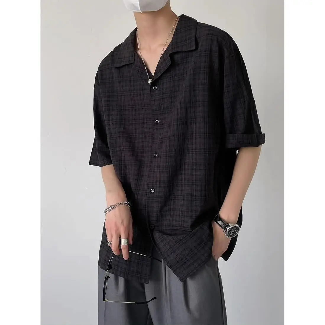 Korean Style Fashion Cuban Collar Short Sleeve Plaid Shirt Men Summer New Loose Casual Buttons Design Retro Plaid Shirts for Men