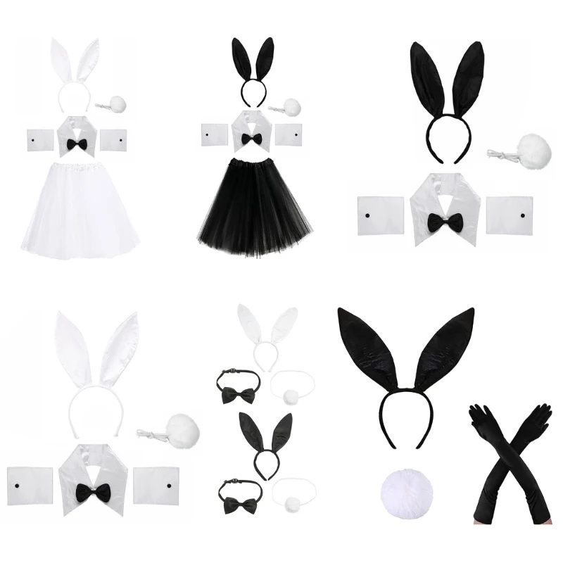 Easter Bunny Costume Set Bunny Cosplay Costume Rabbit Headband Tail Bowtie Cuffs N7YF