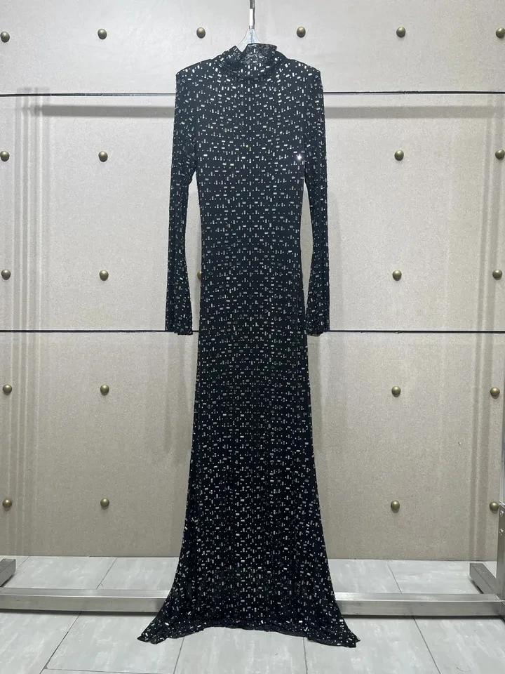 

2024SS Summer Luxury New Women Diamonds Black Long Sleeve Slim Fashion Dress for Ladies