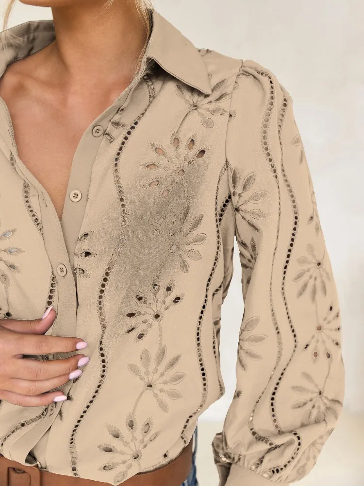 New Autumn Lapel Women's Puff Sleeve Cardigan Shirt Fashion Casual Solid Color Cutout Single Breasted Spring Summer Blouse